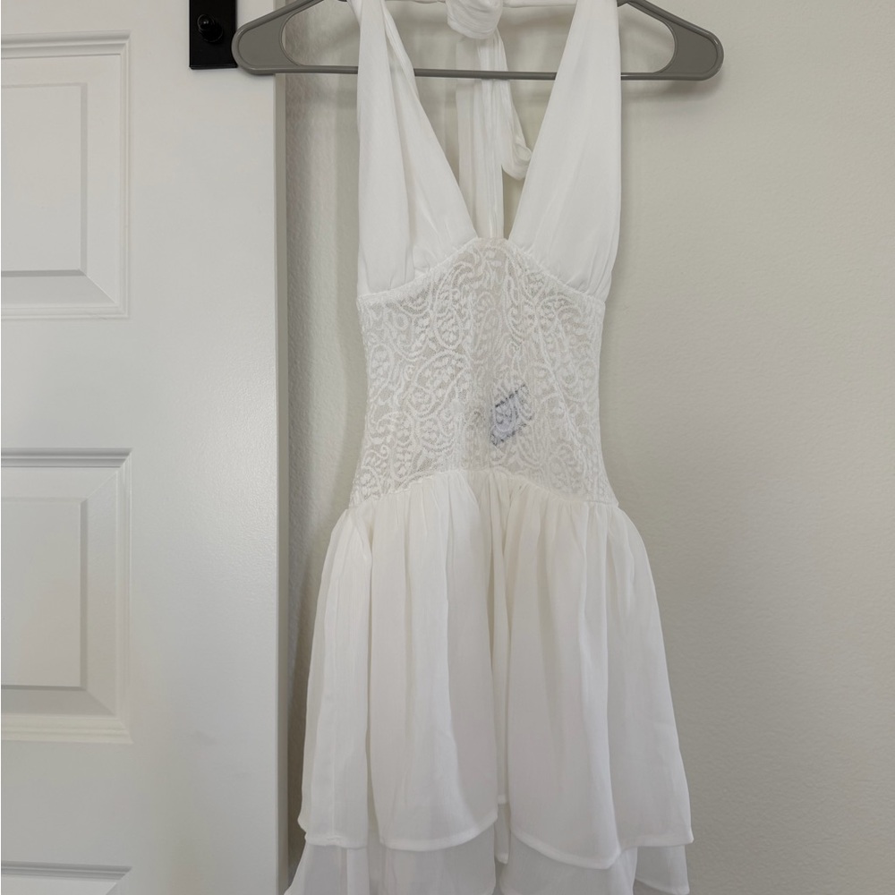 White Halter Lace-Panel Mini Dress - Picture 3 of 5